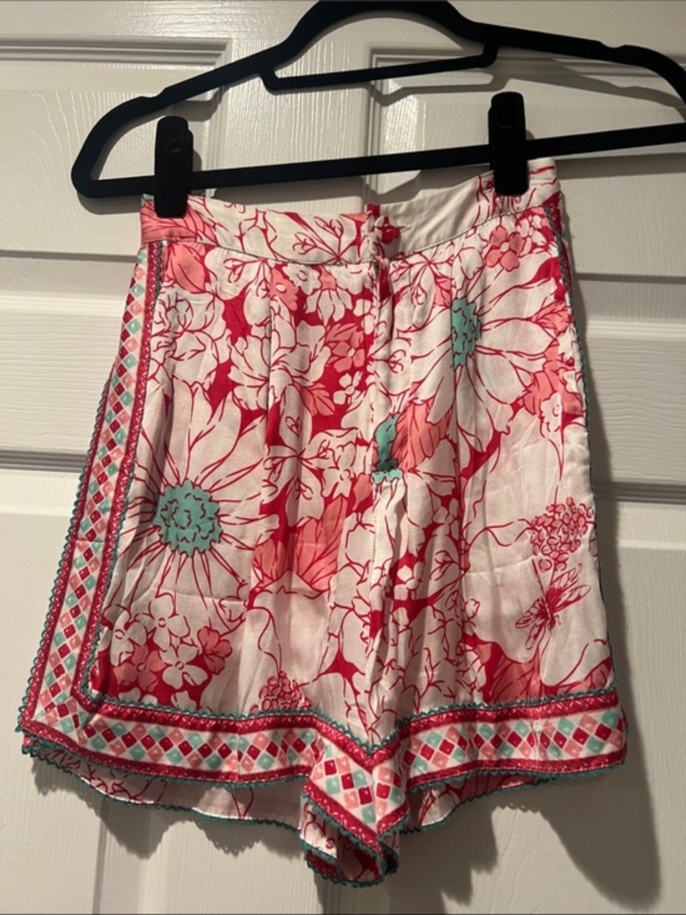 Floral Pink & Teal Border Summer Shorts Size XS
